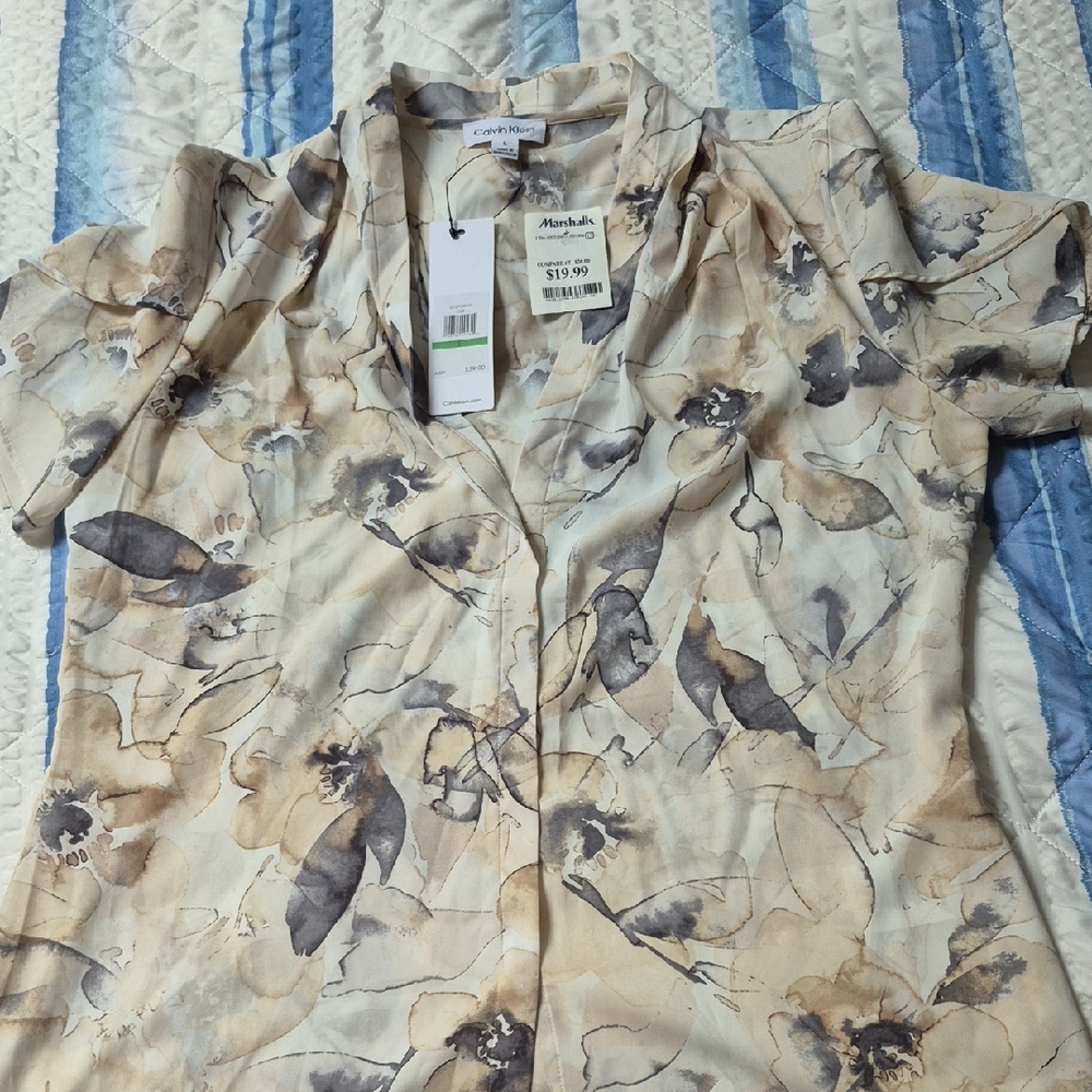 Calvin Klein Beige and Gray Floral Blouse